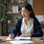 Jeune femme lisant un document dans un bureau moderne