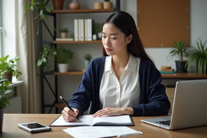 Jeune femme lisant un document dans un bureau moderne