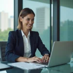 Femme confiante en blazer navy travaillant sur son ordinateur dans un bureau moderne