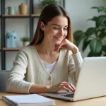 Femme organisée dans son bureau moderne avec ordinateur et plantes