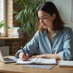 Jeune femme organisée travaillant à son bureau lumineux