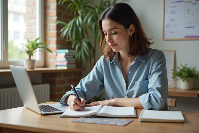 Jeune femme organisée travaillant à son bureau lumineux