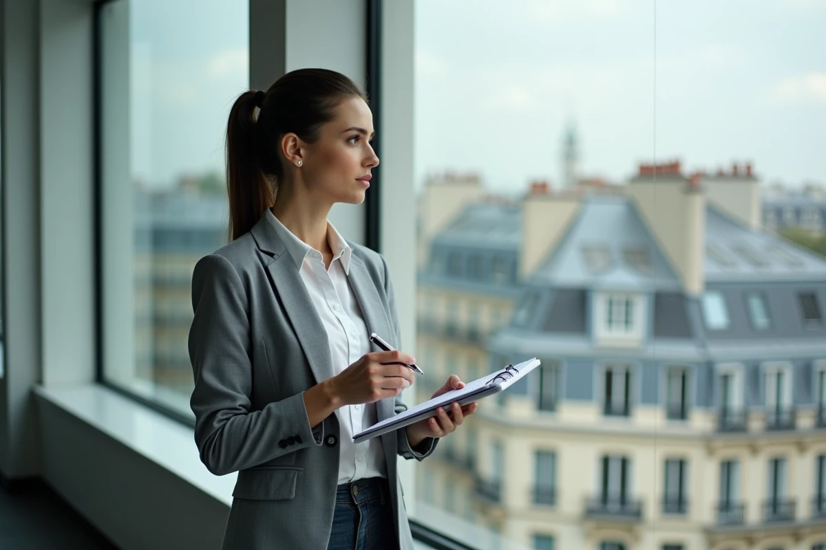Femme professionnelle avec bloc-notes devant la fenêtre de Paris