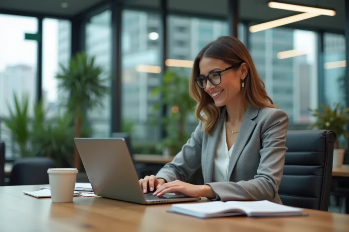 Femme confiante au bureau en tenue smartcasual
