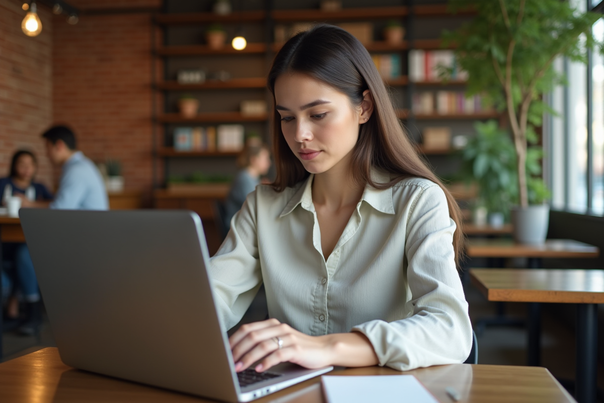 Jeune femme travaillant seule dans un café moderne