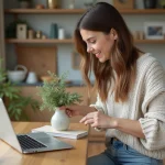 Femme unboxing un vase décoratif dans un appartement lumineux