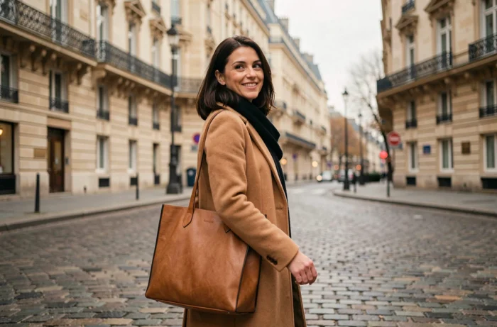Femme élégante en manteau camel marchant dans une rue pavée parisienne en automne