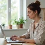 Femme entrepreneur travaillant sur son business en ligne depuis son bureau à domicile avec un laptop ouvert sur des statistiques