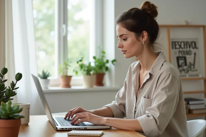 Femme entrepreneur travaillant sur son business en ligne depuis son bureau à domicile avec un laptop ouvert sur des statistiques