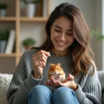 Jeune femme caressant un hamster dans un salon moderne