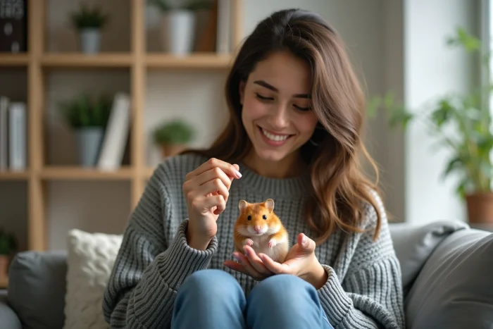 Jeune femme caressant un hamster dans un salon moderne