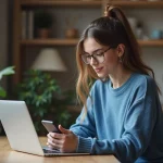 Jeune femme au homeoffice vérifiant son smartphone