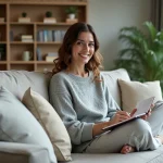 Femme souriante en salon cosy écrivant dans un journal
