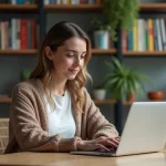 Jeune femme lisant un article sur son ordinateur à la maison