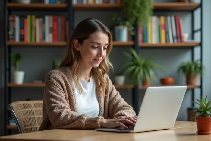 Jeune femme lisant un article sur son ordinateur à la maison