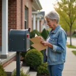 Femme d'âge moyen vérifiant sa boîte aux lettres devant sa maison
