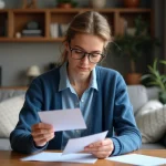 Femme examinant une carte Casden à son bureau à la maison