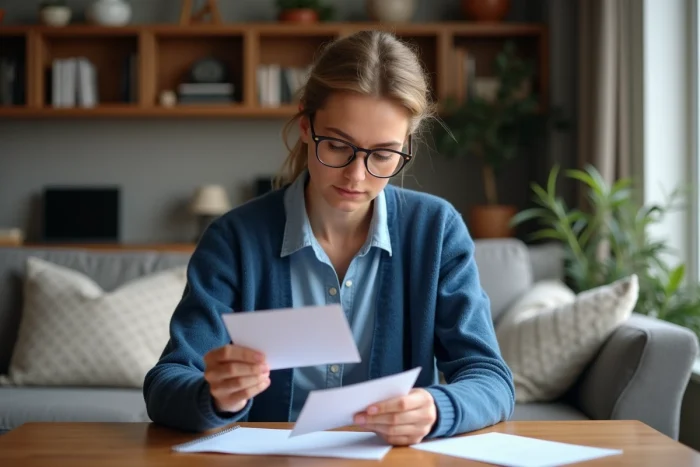 Femme examinant une carte Casden à son bureau à la maison
