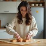 Femme emballant des sandwiches triangulaires dans une cuisine moderne