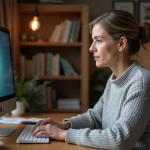 Femme d'âge mûr résolvant un problème de connexion à son compte en ligne sur un ordinateur portable à son bureau à domicile
