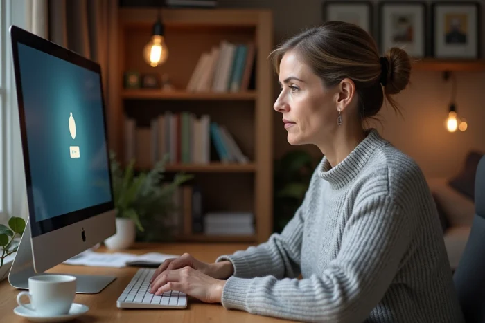 Femme d'âge mûr résolvant un problème de connexion à son compte en ligne sur un ordinateur portable à son bureau à domicile