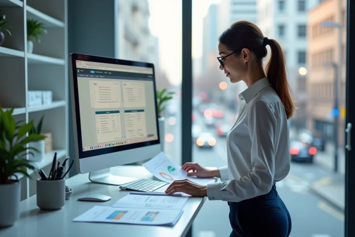 Femme professionnelle analysant les performances de son business en ligne sur double écran dans un bureau en ville