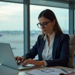Femme d affaires au bureau avec ordinateur et tablette