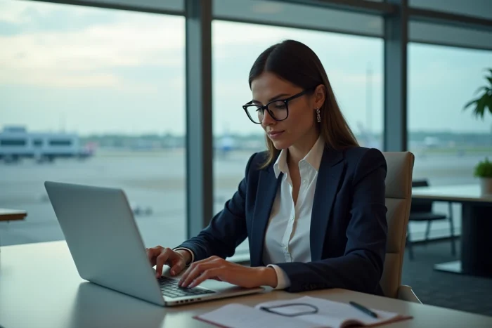 Femme d affaires au bureau avec ordinateur et tablette