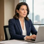 Femme professionnelle en blazer marine assise à un bureau moderne dans un cadre éditorial élégant
