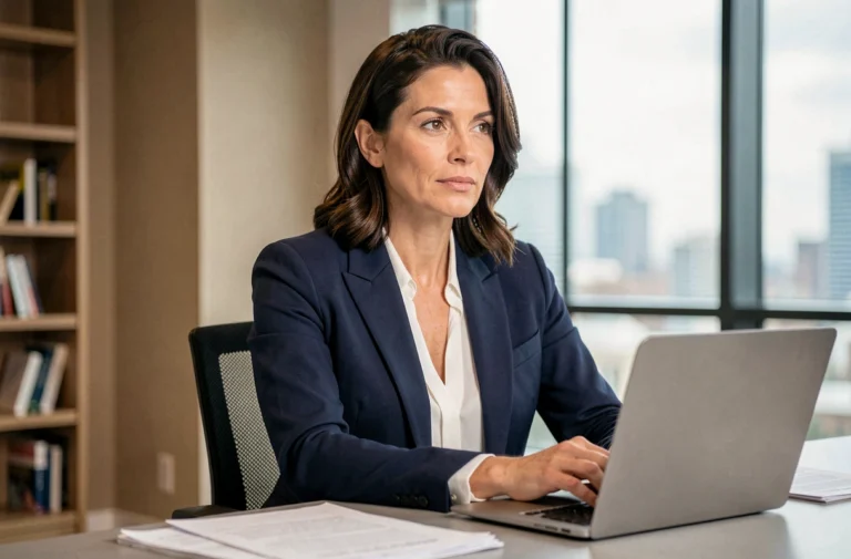 Femme professionnelle en blazer marine assise à un bureau moderne dans un cadre éditorial élégant