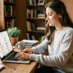 Femme cherchant un emploi en ligne sur son ordinateur portable depuis son bureau à domicile