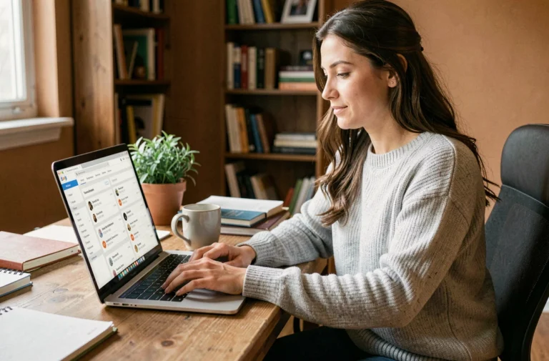 Femme cherchant un emploi en ligne sur son ordinateur portable depuis son bureau à domicile