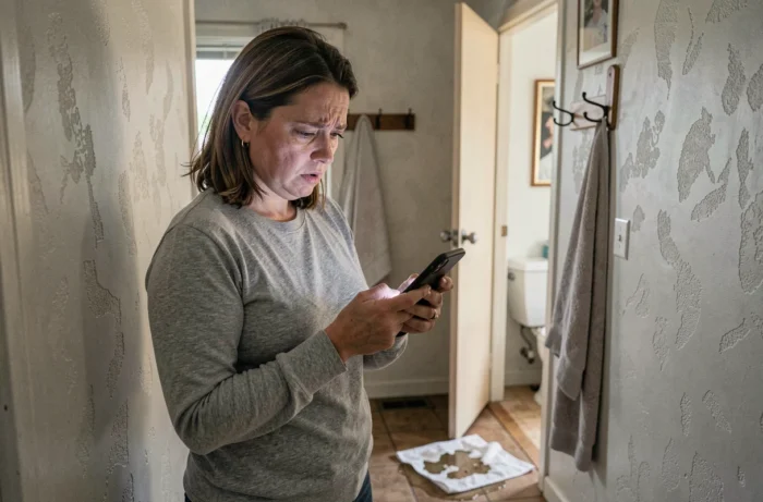 Femme cherchant d'urgence un plombier fiable sur son téléphone suite à une inondation dans son appartement