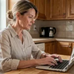 Femme cherchant des ressources web fiables pour la maison sur un ordinateur portable dans une cuisine moderne en bois