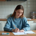 Jeune femme remplissant un formulaire officiel à la maison