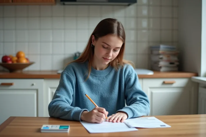 Jeune femme remplissant un formulaire officiel à la maison