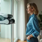 Femme curieuse observant un robot de nettoyage de fenetre