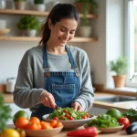 Femme préparant une salade colorée dans une cuisine lumineuse