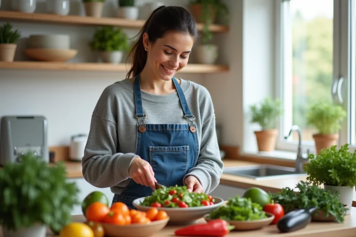 Femme préparant une salade colorée dans une cuisine lumineuse