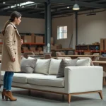 Femme élégante examinant un canapé design dans un showroom