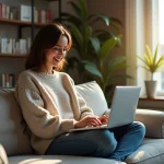 Femme assise sur un canapé regardant un ordinateur portable