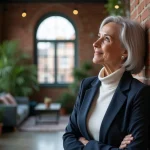 Femme mature en loft industriel avec mur de briques