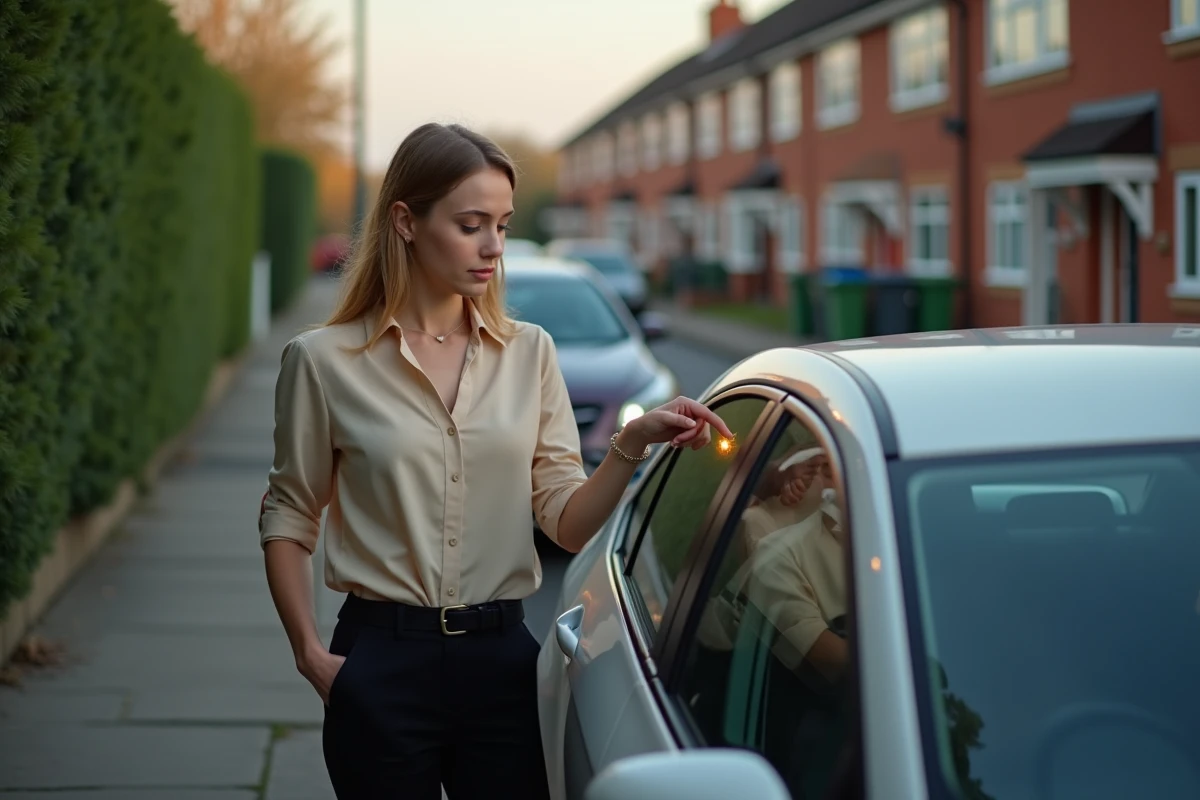 Jeune femme pointant une lampe d’avertissement sur le tableau de bord