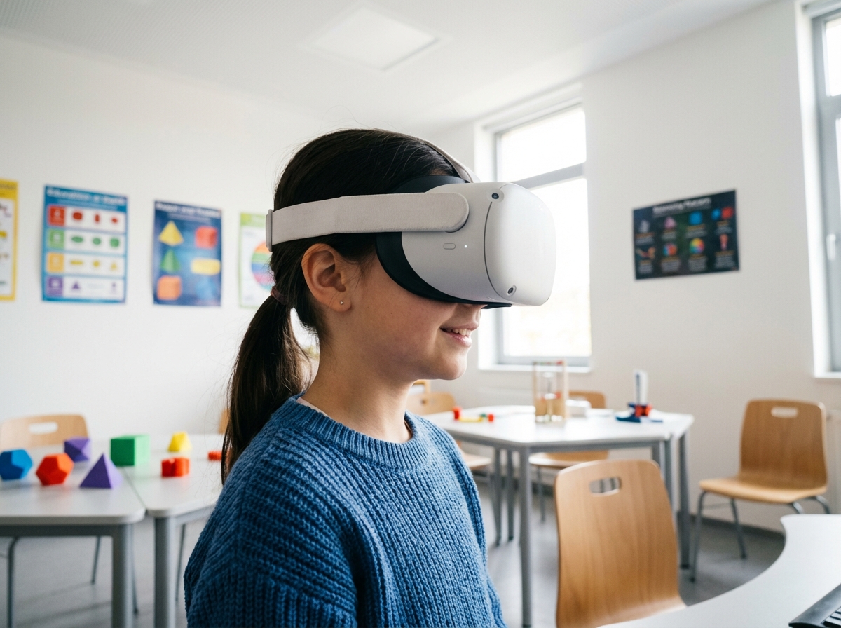Fille en réalité virtuelle dans une salle de classe moderne