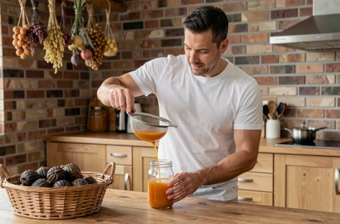 Homme filtrant du jus de noni maison dans un bocal en verre dans une cuisine naturelle
