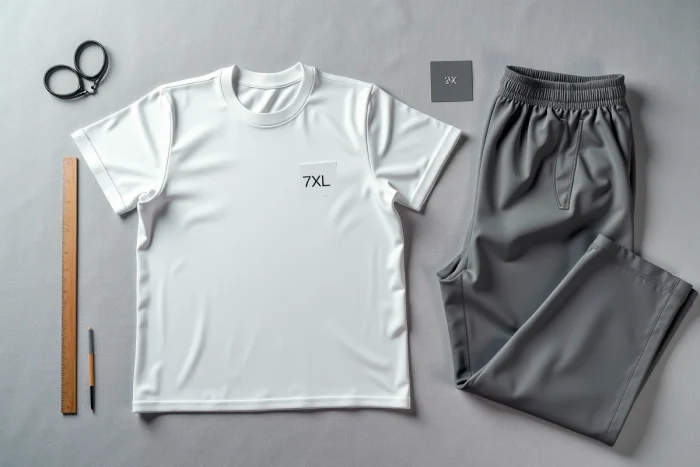 Flat lay de vêtements grande taille 7XL pliés avec étiquette d'équivalences de tailles internationales sur fond gris lin