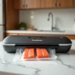 Machine sous vide FoodSaver V2860 sur un plan de travail en marbre avec un sachet de saumon frais en cours de scellage