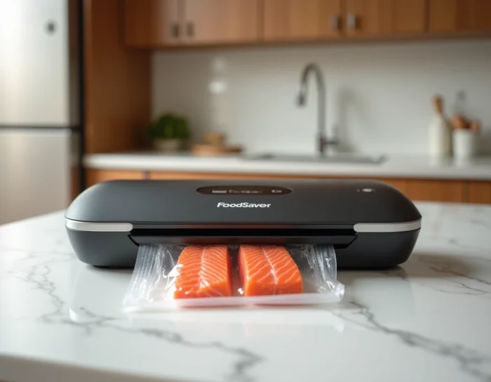 Machine sous vide FoodSaver V2860 sur un plan de travail en marbre avec un sachet de saumon frais en cours de scellage