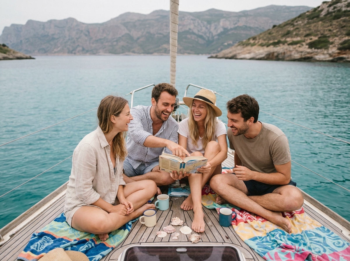 Groupe d amis sur un voilier en bord de mer en été