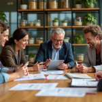 Groupe de professionnels en réunion autour de table avec tablettes